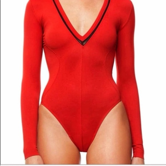 Good American Red and Black V Neck Lowdown Bodysuit - Picture 1 of 7